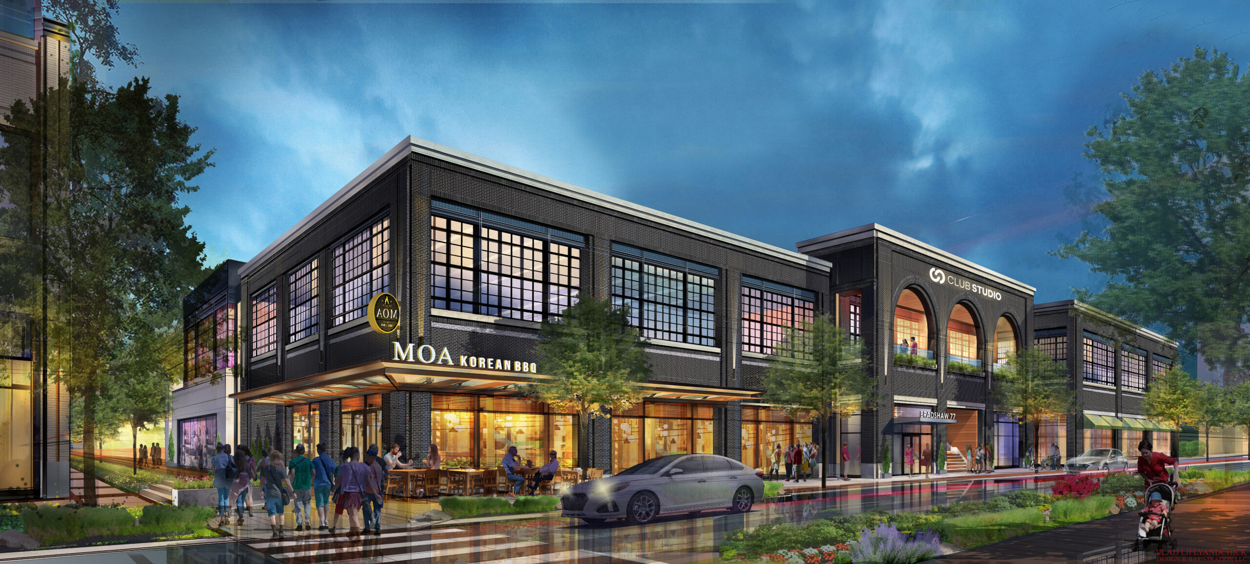 Final design and rendering by Vlad Liflyandchick — view of Building S along Howe Street, showing the black façade with a central three-arched portico that expresses the project’s modern reinterpretation of traditional industrial forms.