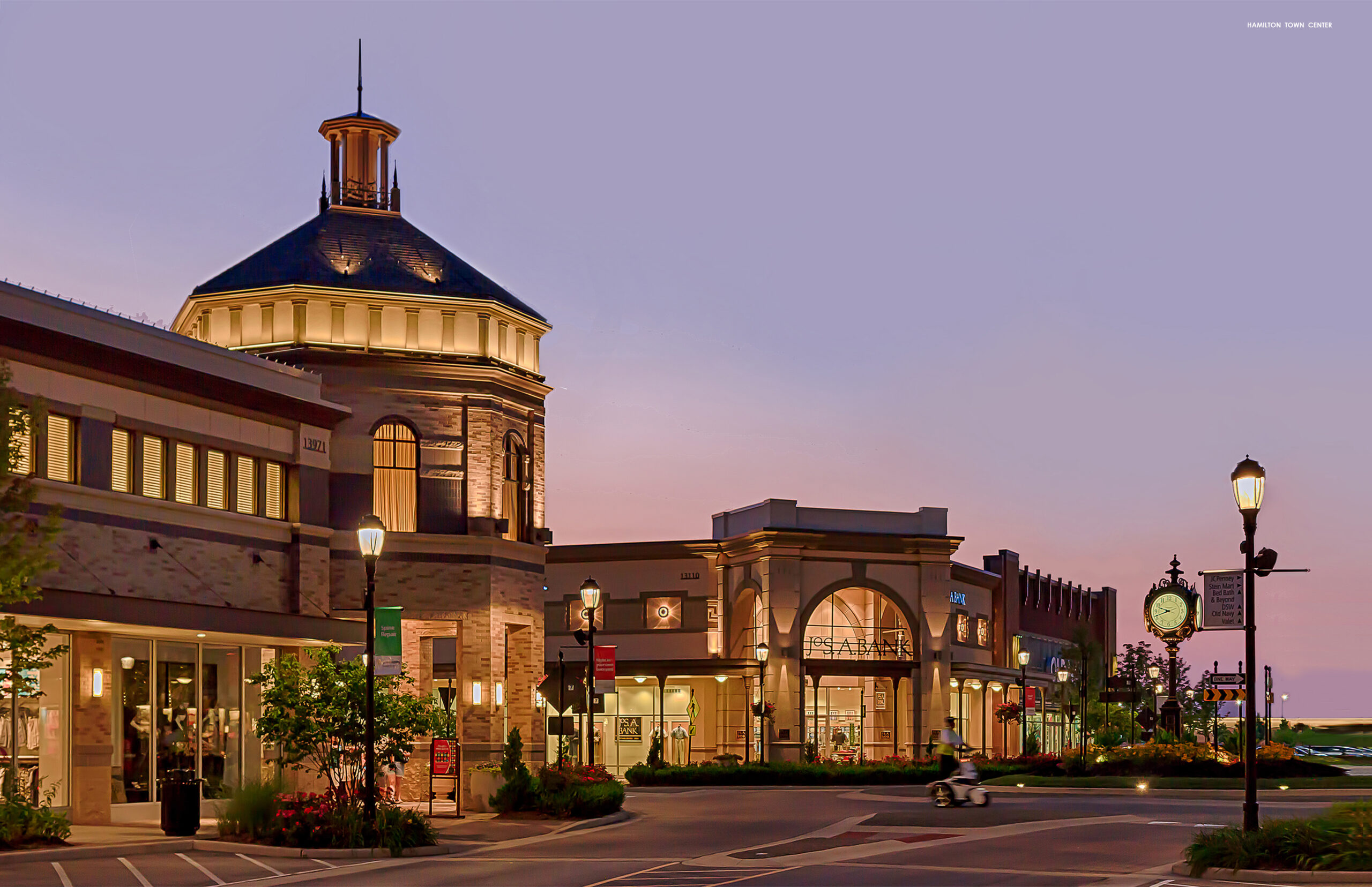 Photograph of the completed Hamilton Town Center showing the intersection of Harrell Parkway and Town Center Boulevard