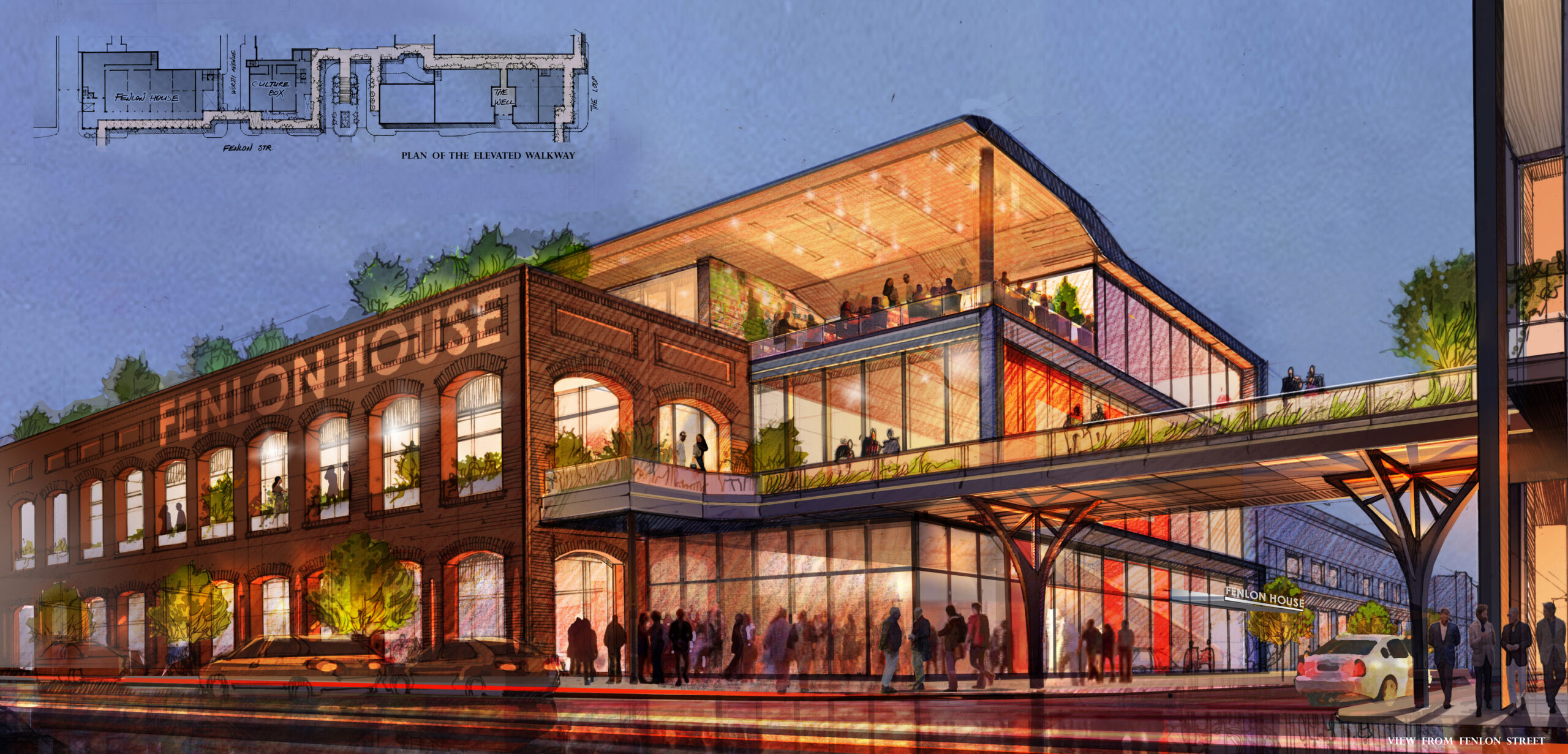 Rendering of the proposed Fenlon House mixed-use building at Easton Town Center, featuring a ground-floor food court, second-floor banquet hall, and rooftop executive club.