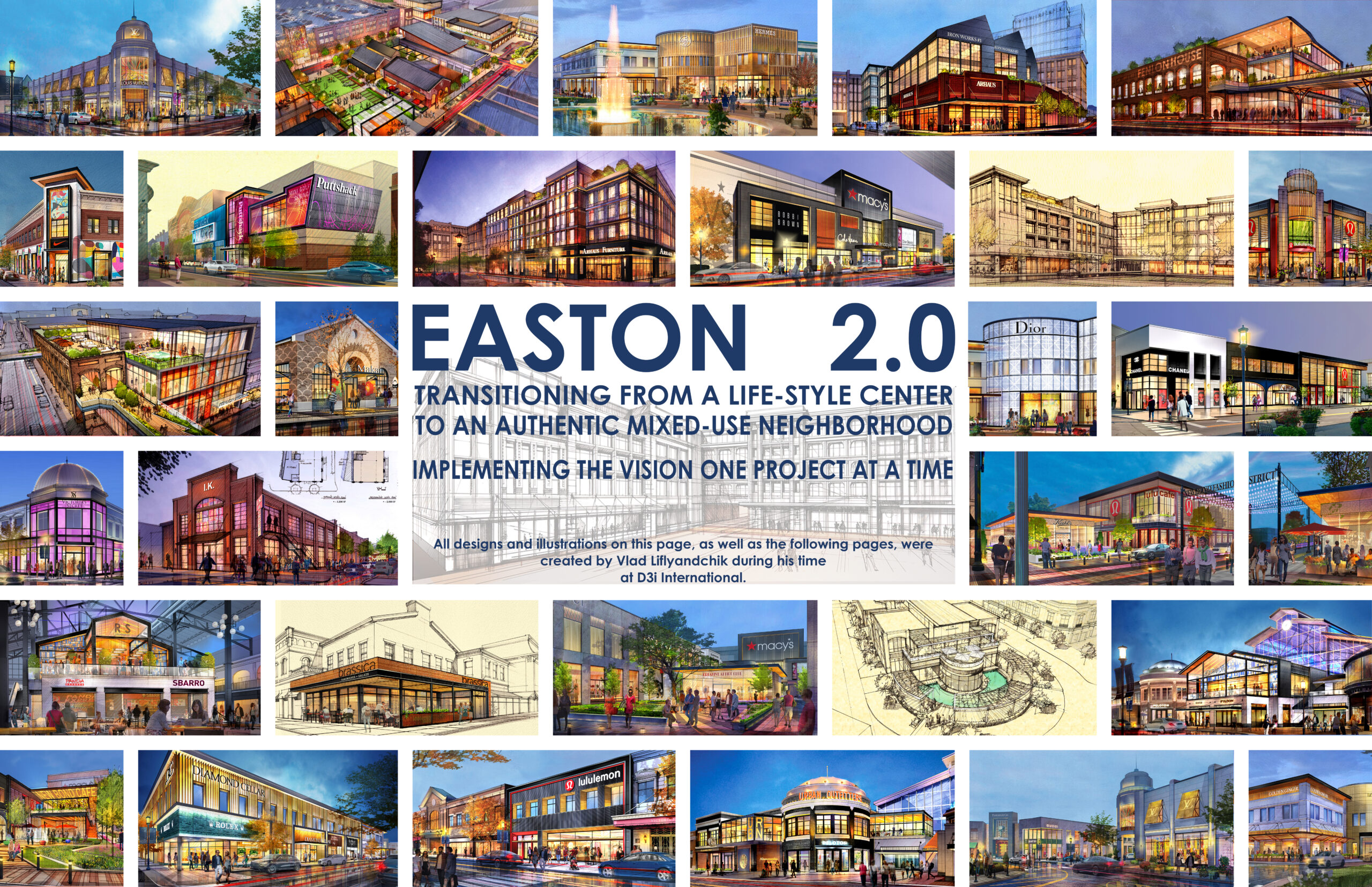 Collage highlighting Vlad Liflyandchick’s design and illustration contributions to Easton Town Center and the Easton Urban District, including conceptual studies, schematic designs, and tenant-integration strategies.