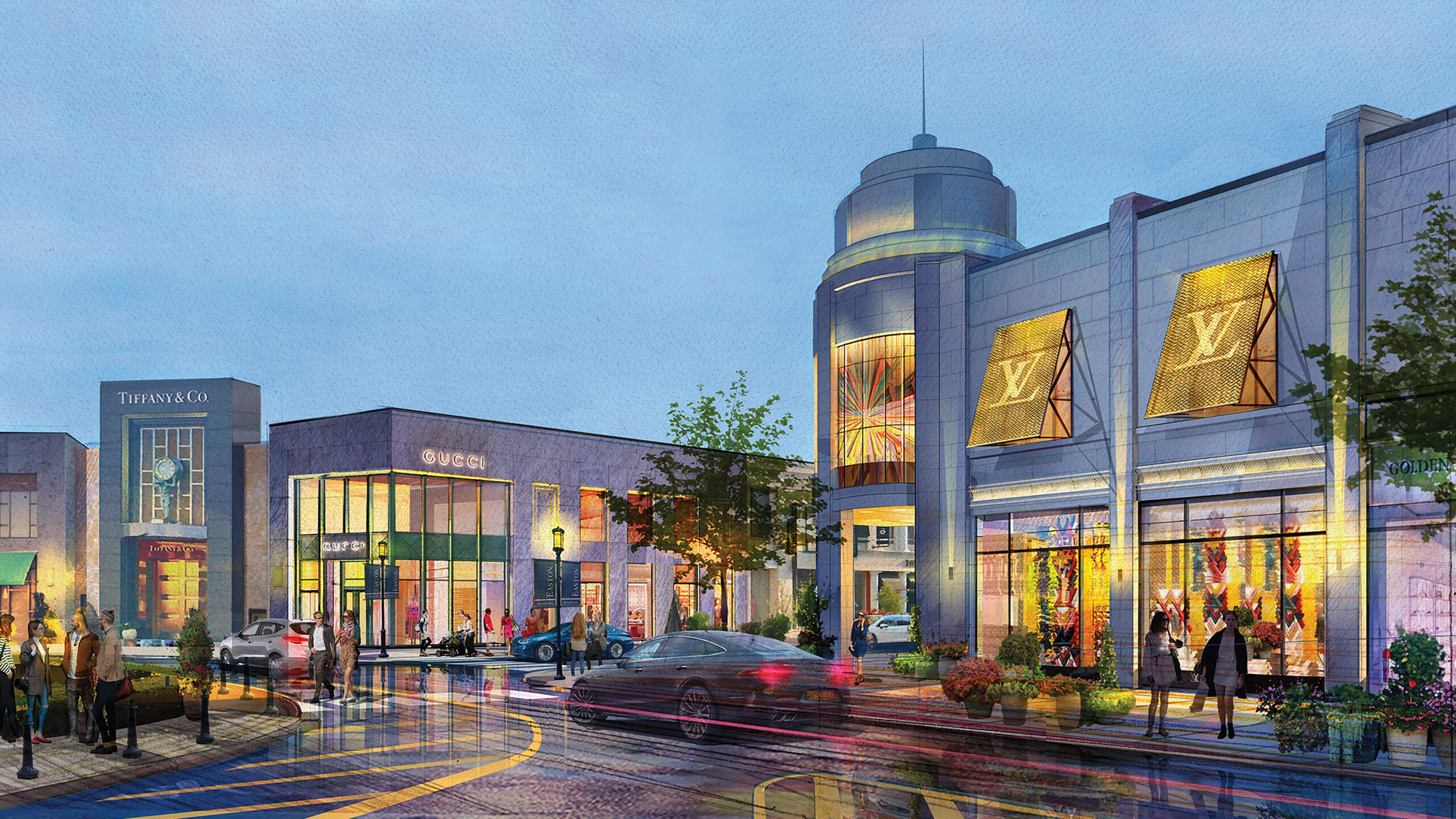 Perspective rendering of the proposed Louis Vuitton building at Easton Town Center, showing massing, architectural character, and pedestrian-focused urban frontage.