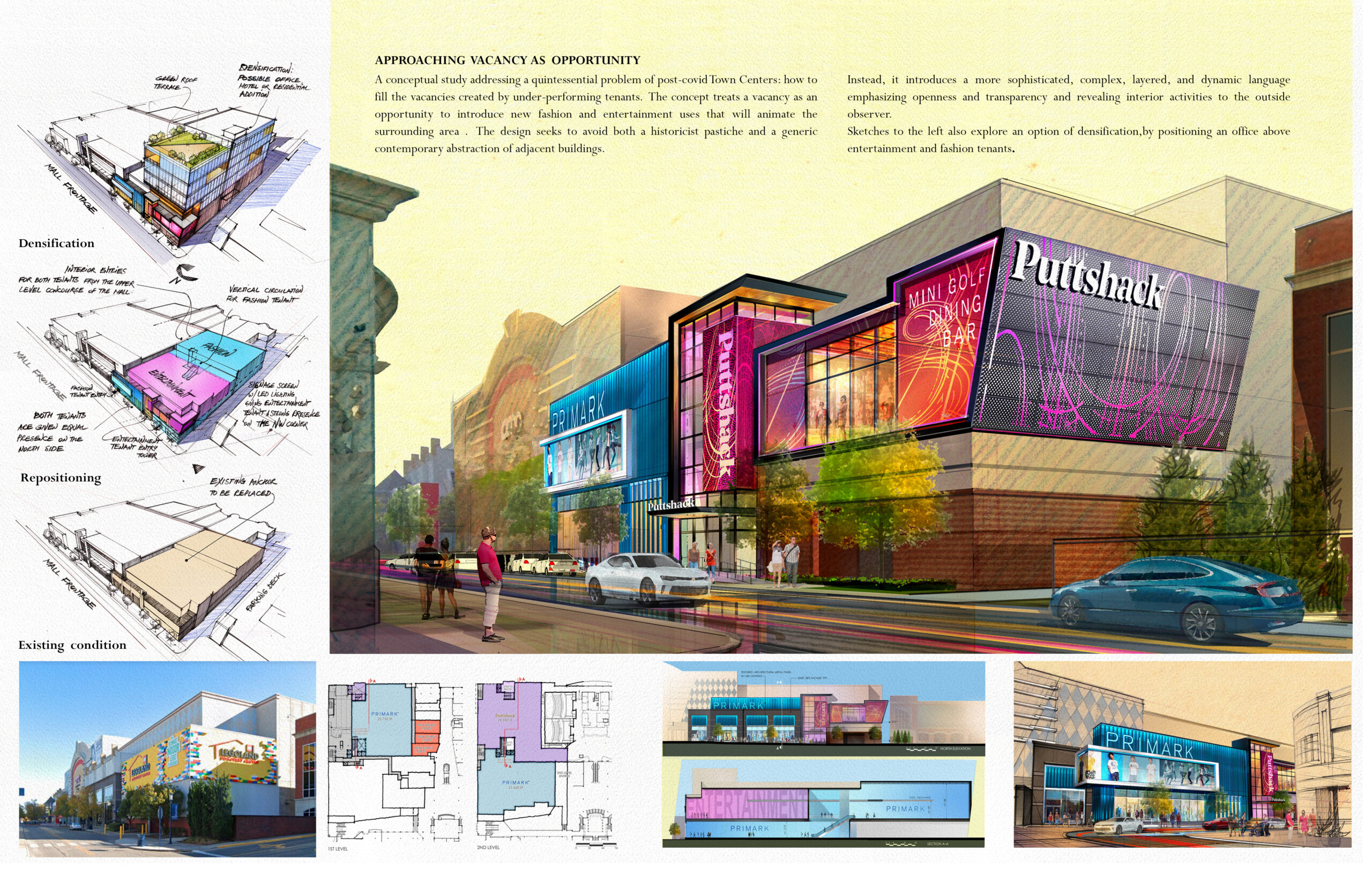 Conceptual study showing strategies to activate a vacant space with new retail and entertainment tenants at Easton Town Center.
