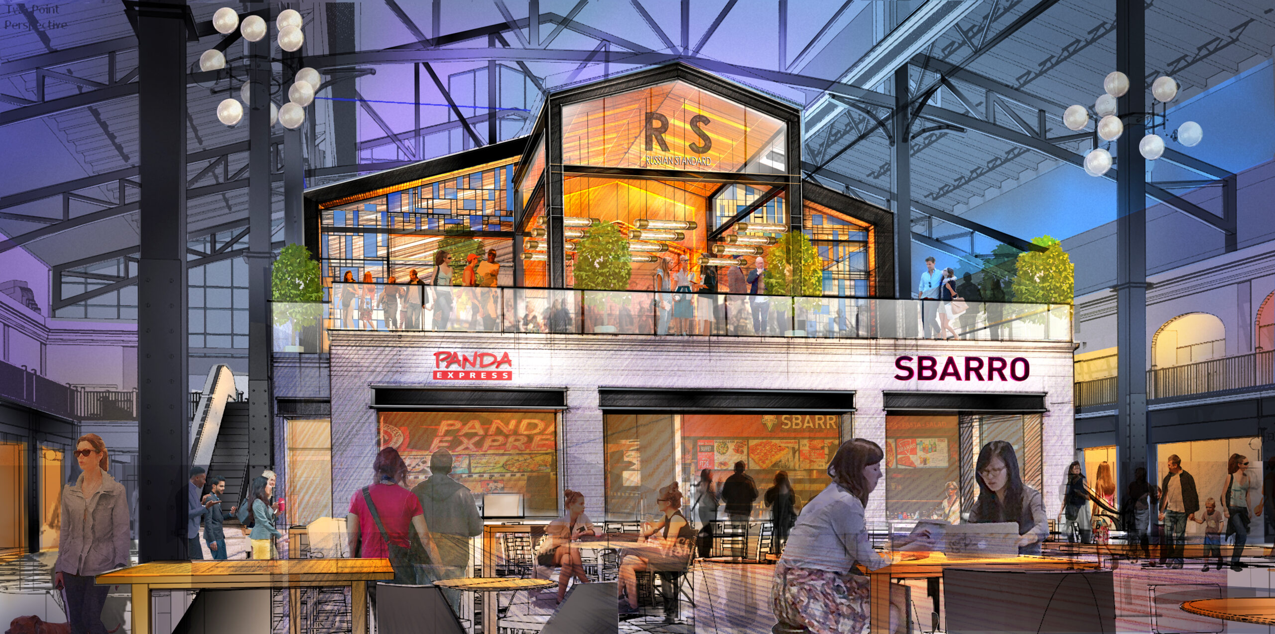 Rendering of the interior of Easton’s South Station, showing spatial character, material expression, and integration of new restaurant elements.