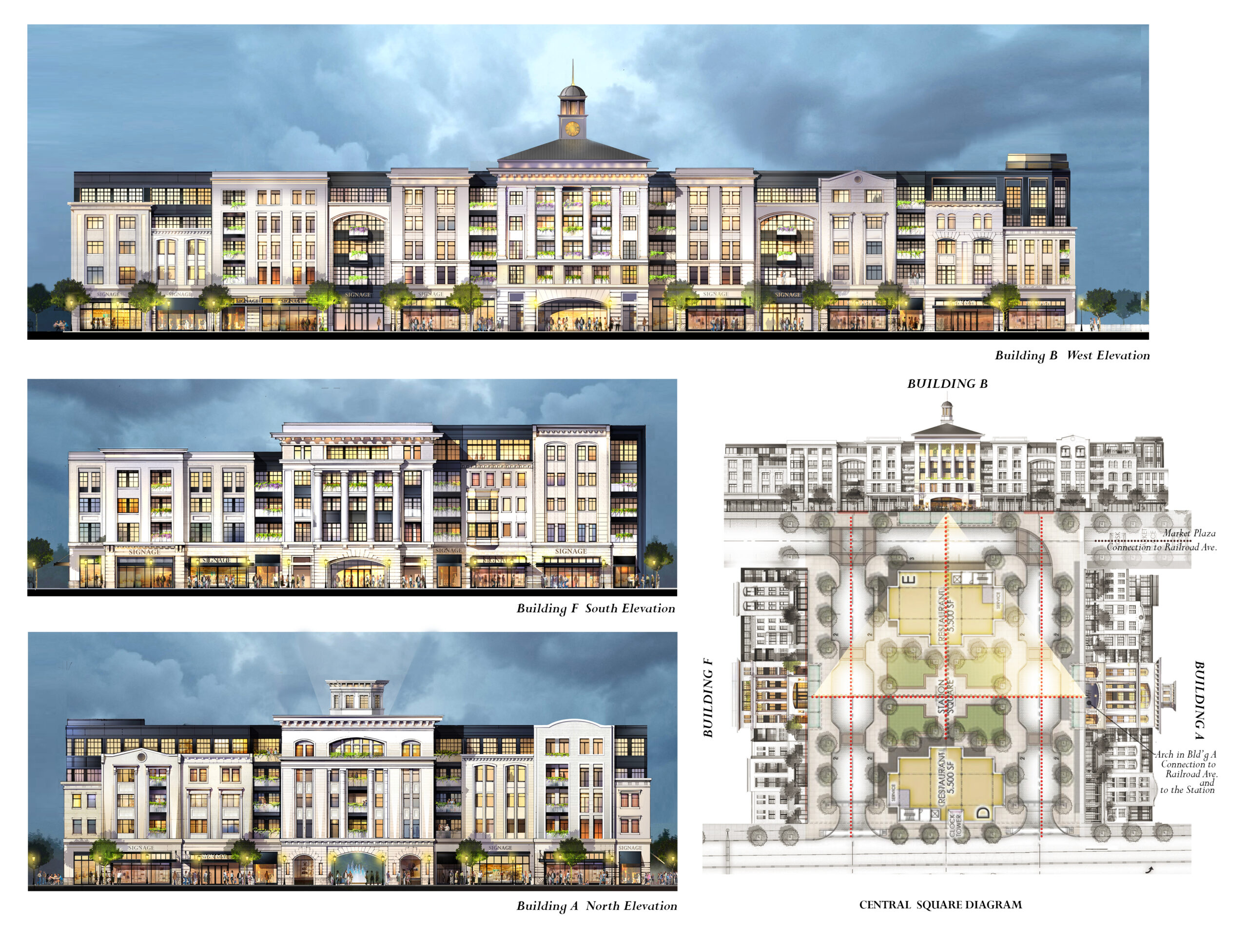 Schematic elevation studies by Vlad Liflyandchick for The Core Station Yards, showing a light traditional façade contrasted with recessed modern dark elements