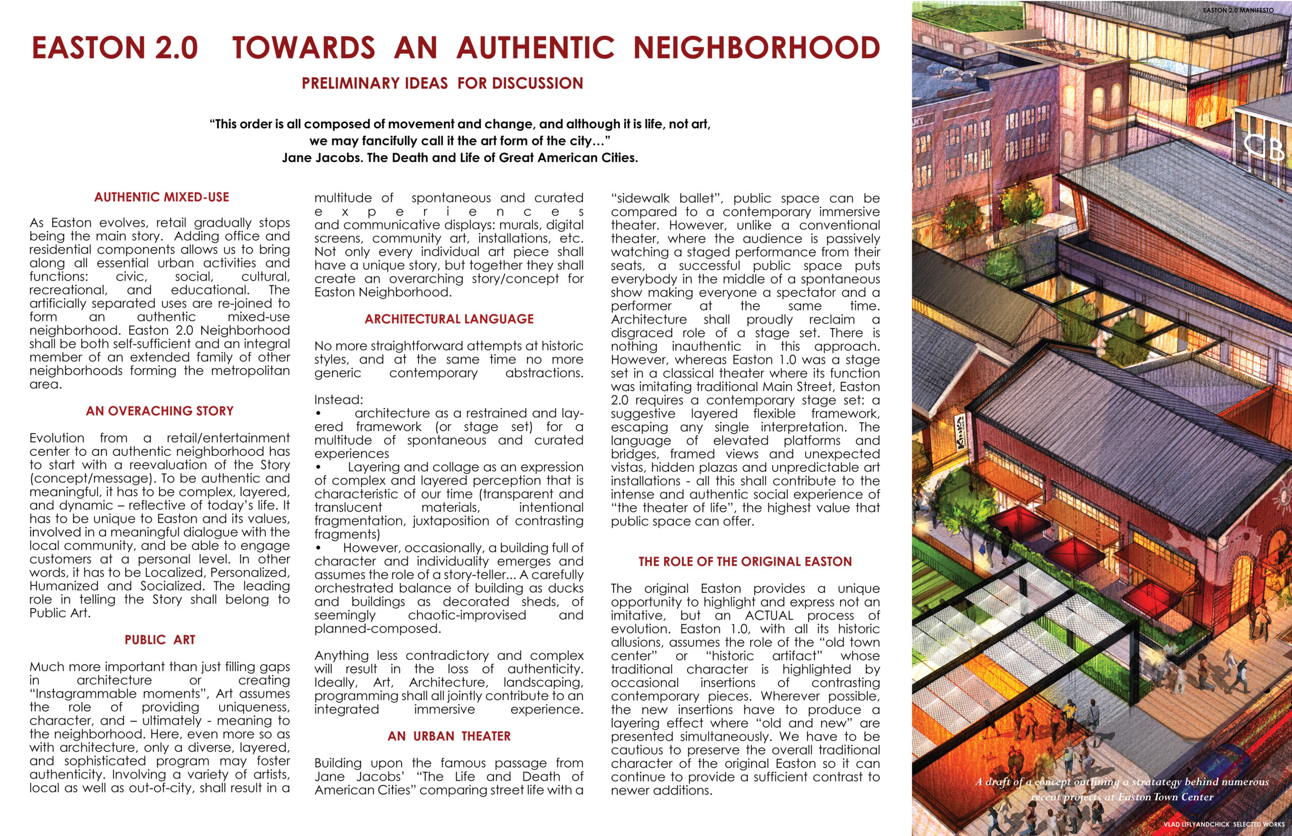 Concept narrative defining a strategy to evolve the Easton Lifestyle Center into a fully integrated mixed-use urban neighborhood, blending retail, hospitality, office, and public space.