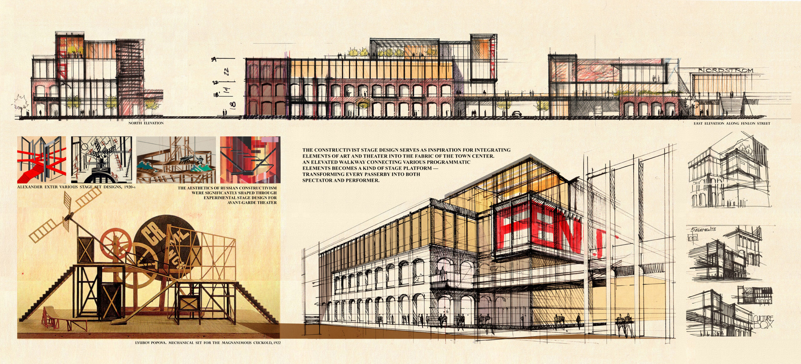 Collage of conceptual sketches and source imagery illustrating the design evolution and architectural inspiration for Fenlon House at Easton Town Center.