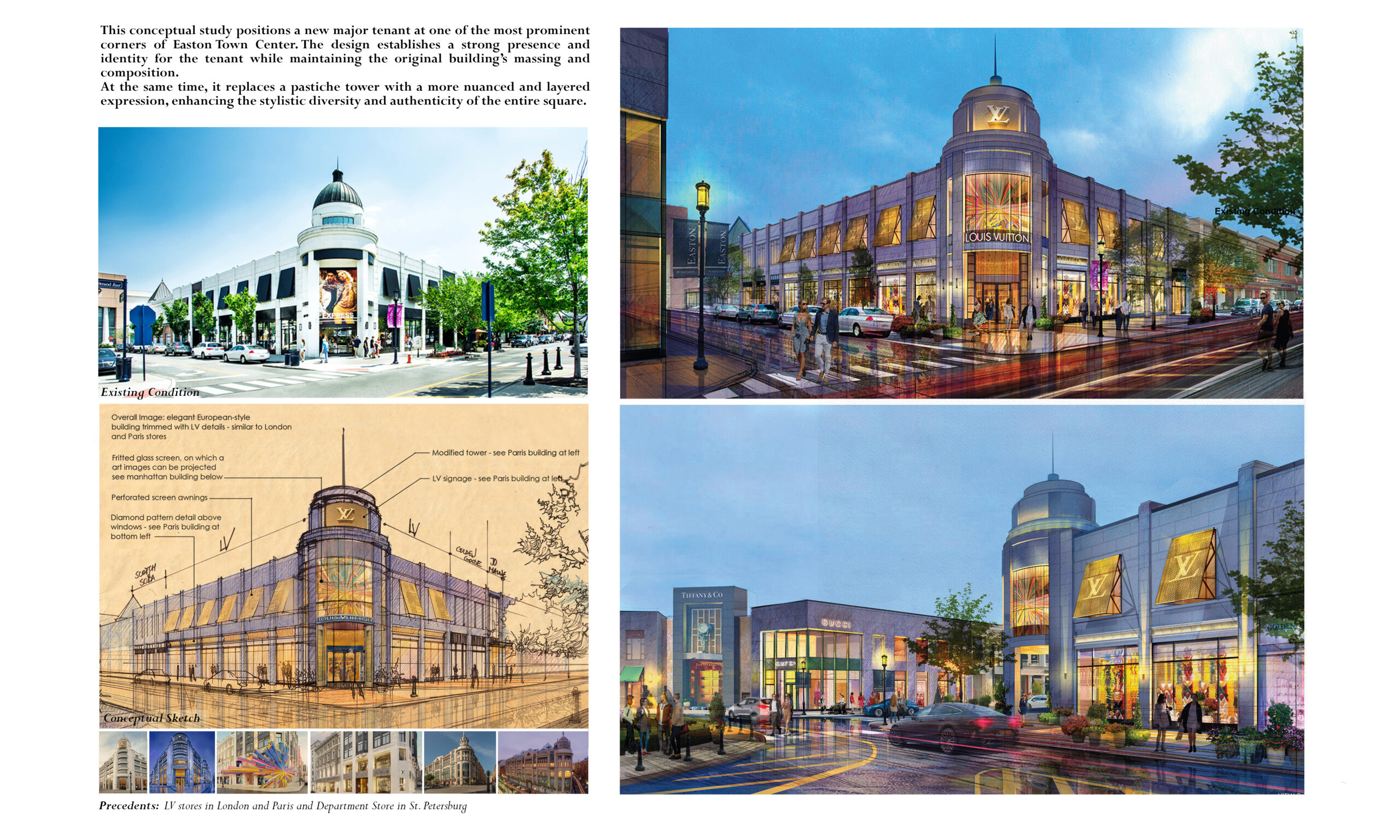 Conceptual design studies exploring options for integrating a Louis Vuitton store at a prominent corner in the Easton Urban District, focusing on massing, façade articulation, and brand presence.