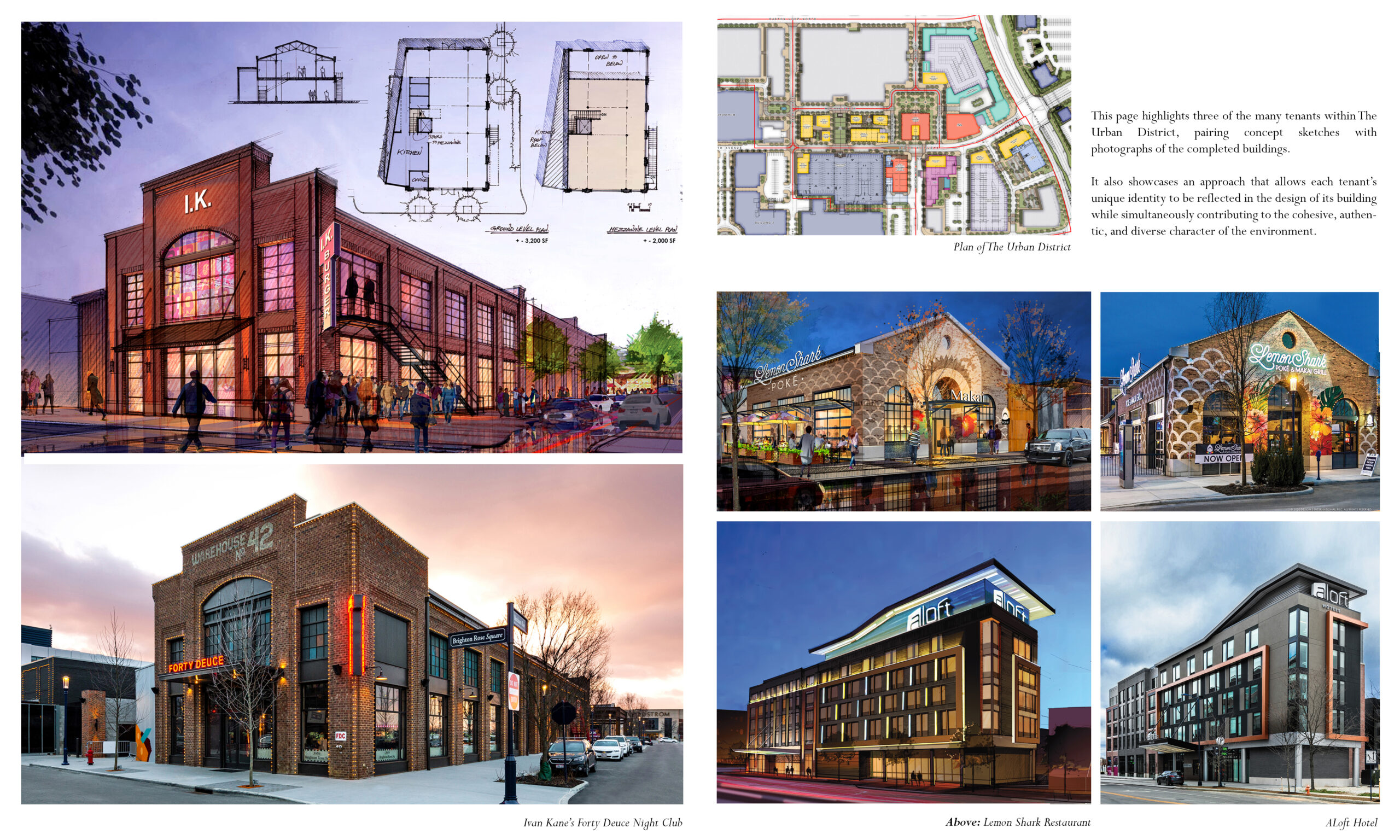 Collage pairing conceptual design sketches with photographs of completed buildings at Easton Town Center, illustrating the transformation from conceptual vision to built form.