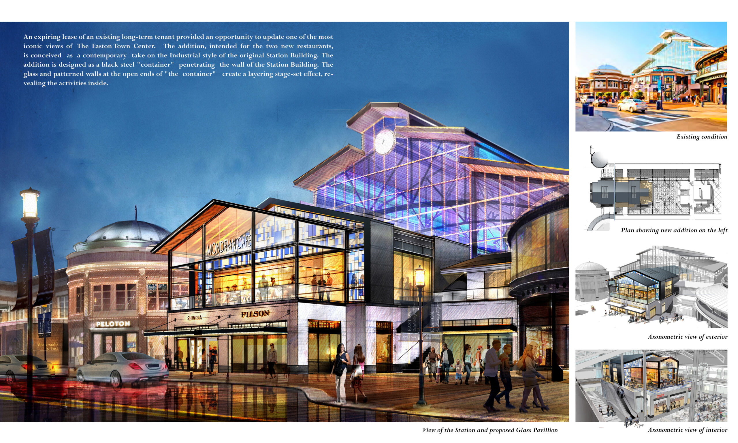 Conceptual study exploring the integration of a new restaurant into Easton’s iconic South Station building, focusing on massing and façade intervention strategies