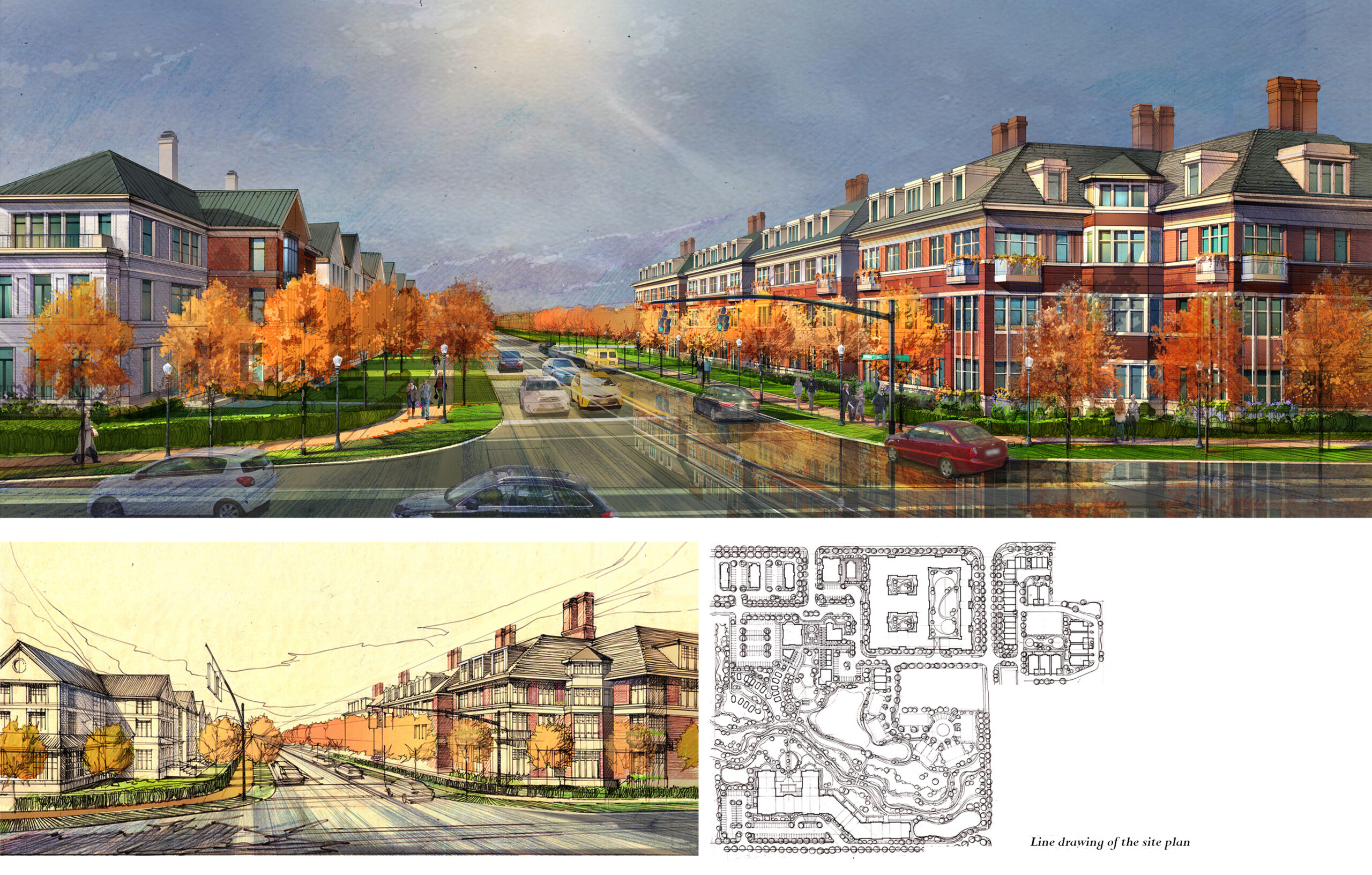 Rendering of the Trailhead Park Community from the corner of New Albany Condit Road and Central College Road, showing apartments and townhomes designed in a traditional architectural style consistent with the surrounding neighborhood.