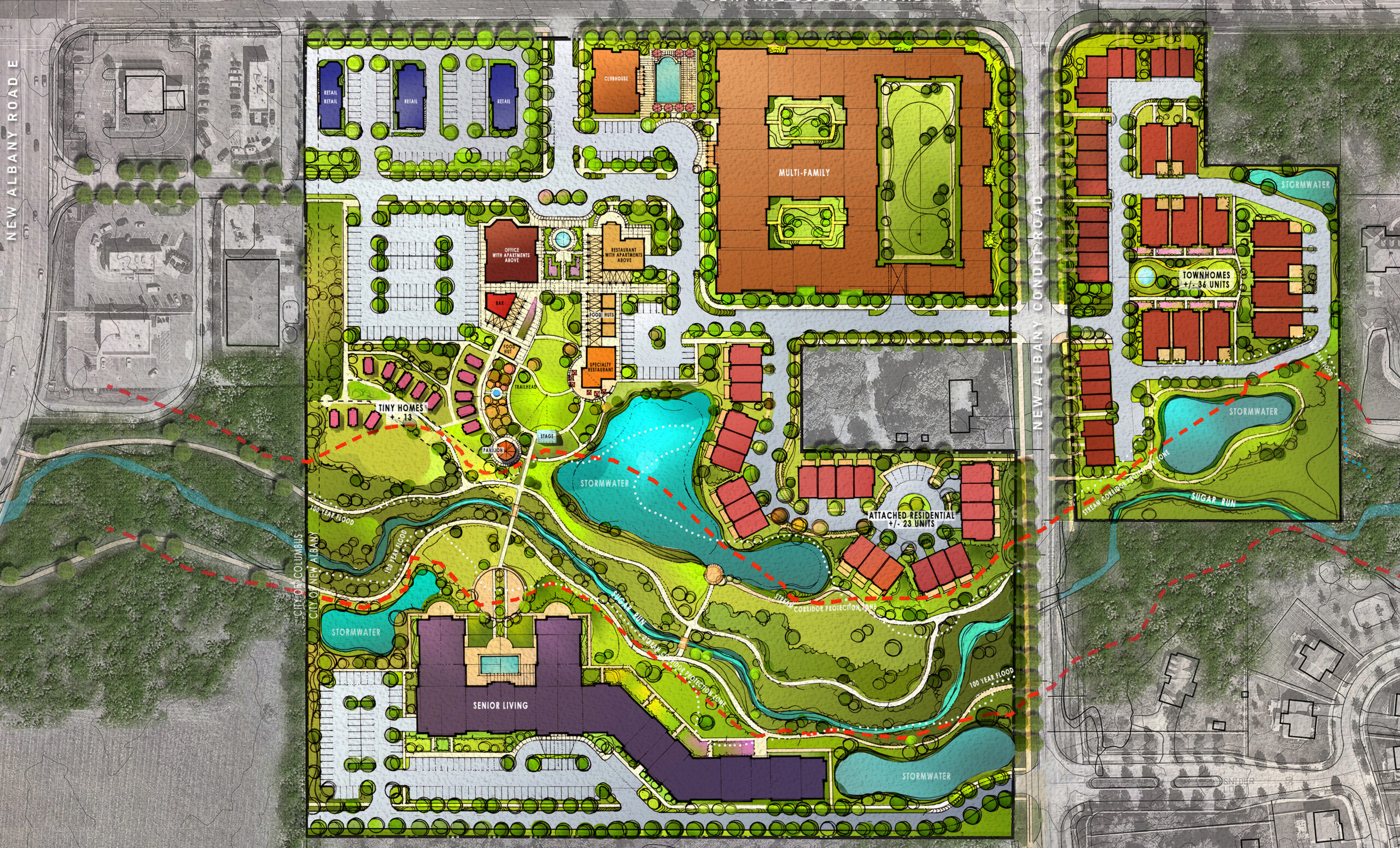 Conceptual site plan for the Trailhead Park Community in New Albany, showing the mixed-use layout organized around Trailhead Park and the creek corridor.