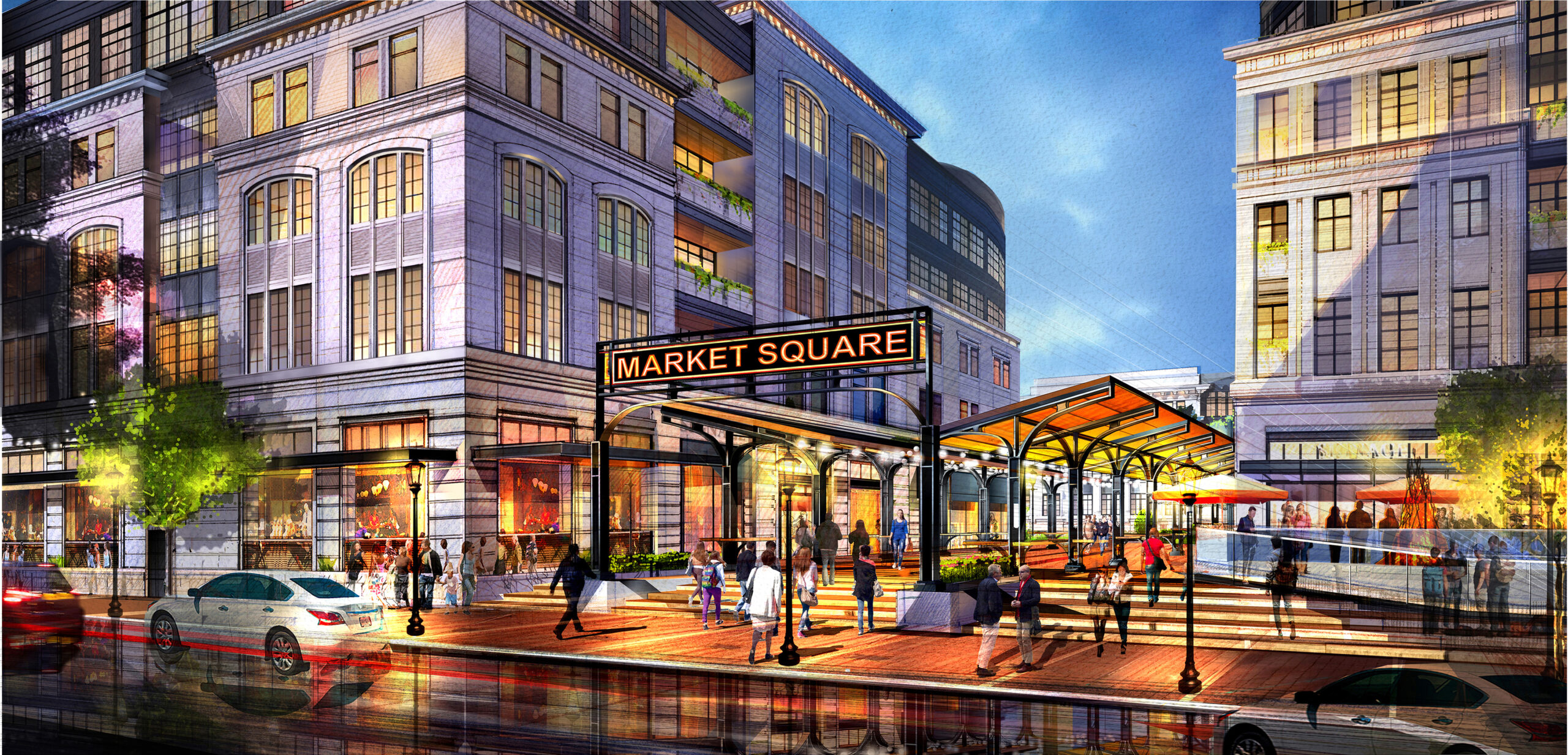 Perspective rendering by Vlad Liflyandchick showing symmetrical monumental elevations along Railroad Avenue and a pedestrian passage leading to the Interior Plaza