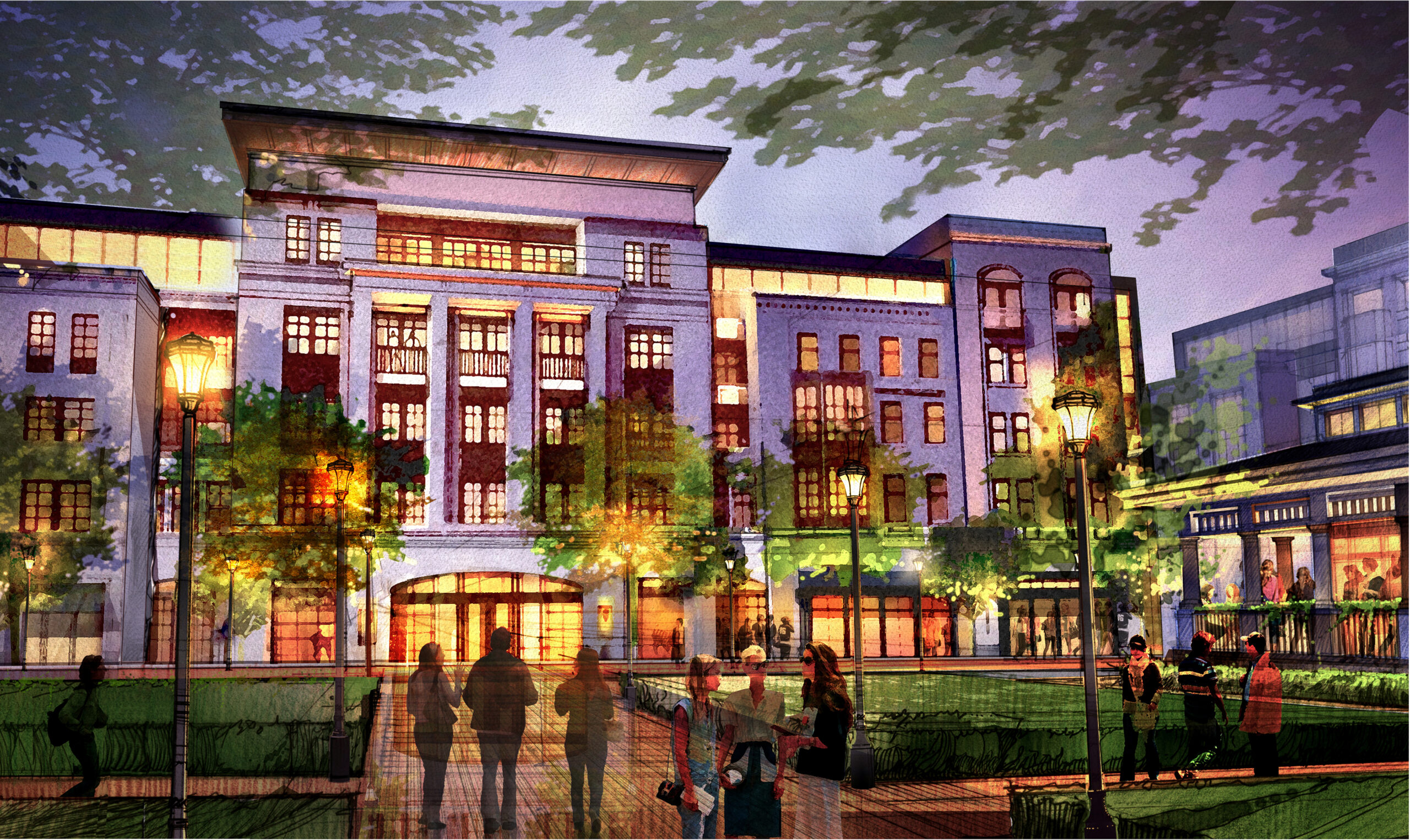 Interior Plaza rendering by Vlad Liflyandchick for The Core Station Yards, blending residential-scale architecture with active retail and restaurant frontage